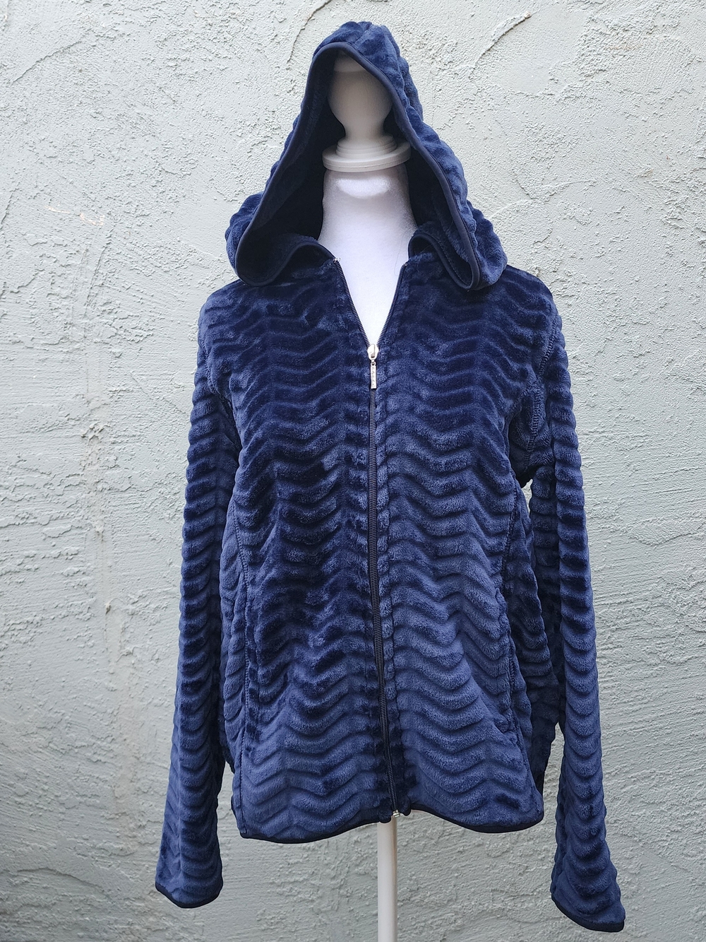 Jason Maxwell Navy Blue Textured Wave Faux Fur Full Zip Hoodie Jacket [PL]